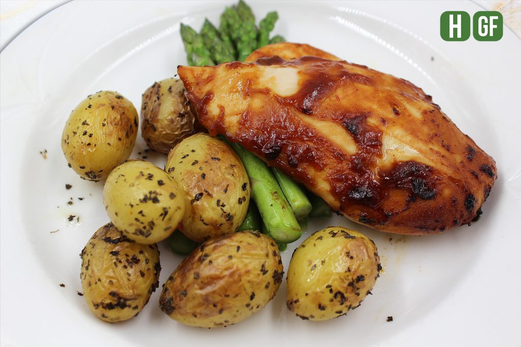 Kansas City BBQ Chicken with Roast Potatoes and Asparagus Dish