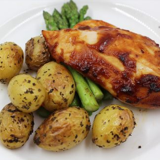 Kansas City BBQ Chicken with Roast Potatoes and Asparagus Dish
